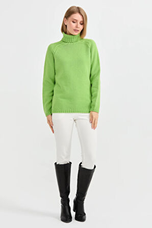 Kadın Tam Balıkçı Yaka Omuzu Saç Örgülü Yün Kazak A.E.Yeşili