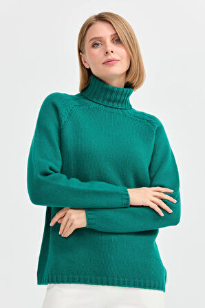 Kadın Tam Balıkçı Yaka Omuzu Saç Örgülü Yün Kazak A.Ö.Başı