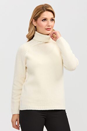 Kadın Tam Balıkçı Yaka Omzu Saç Örgülü Yün Kazak Kemik