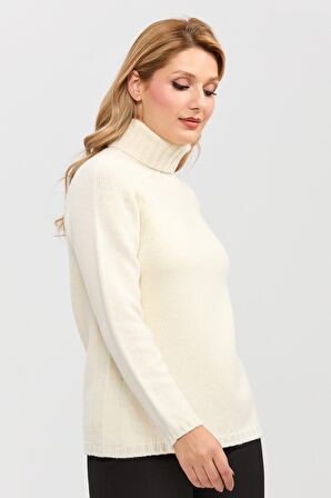 Kadın Tam Balıkçı Yaka Omzu Saç Örgülü Yün Kazak Kemik