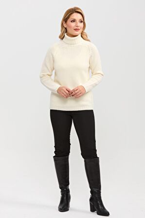 Kadın Tam Balıkçı Yaka Omzu Saç Örgülü Yün Kazak Kemik