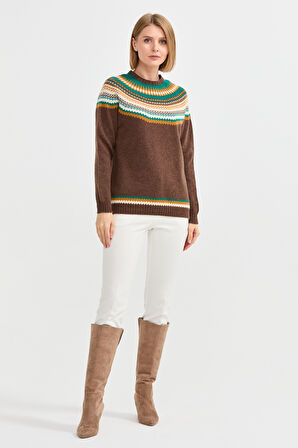 Kadın Sıfır Yaka Jakarlı Yün Kazak D.Kahve