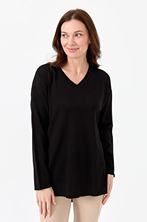 Kadın V Yaka İnce Bluz Siyah