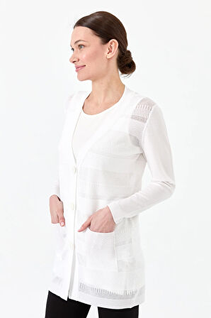 Kadın Triko V Yaka Yazlık Hırka Ekru