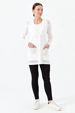 Kadın Triko V Yaka Yazlık Hırka Ekru