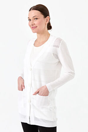 Kadın Triko V Yaka Yazlık Hırka Ekru