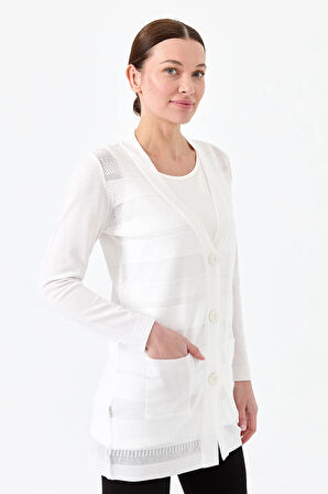 Kadın Triko V Yaka Yazlık Hırka Ekru