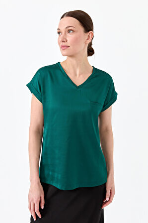 Kadın V Yaka Önü Saten Bluz Yeşil