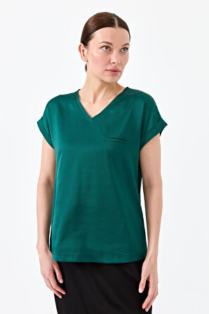Kadın V Yaka Önü Saten Bluz Yeşil