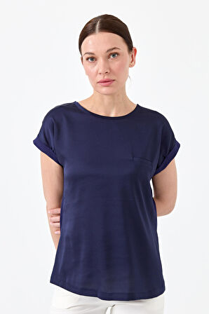 Kadın Kısa Kol Önü Saten Bluz Lacivert