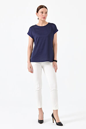 Kadın Kısa Kol Önü Saten Bluz Lacivert