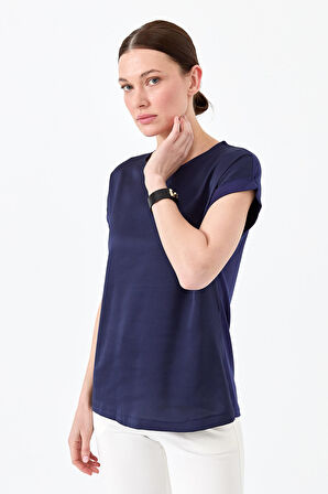 Kadın Kısa Kol Önü Saten Bluz Lacivert