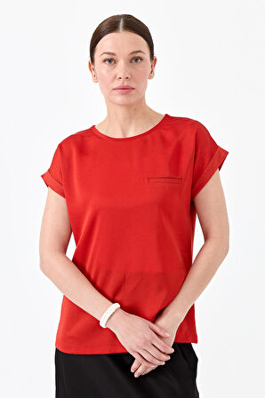 Kadın Kısa Kol Önü Saten Bluz Oranj