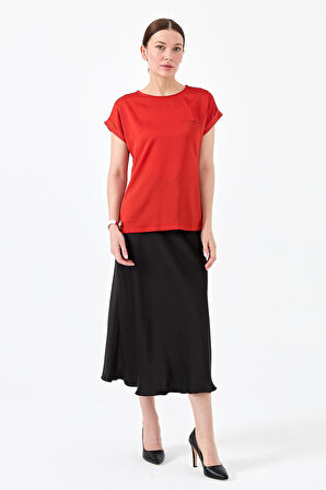 Kadın Kısa Kol Önü Saten Bluz Oranj