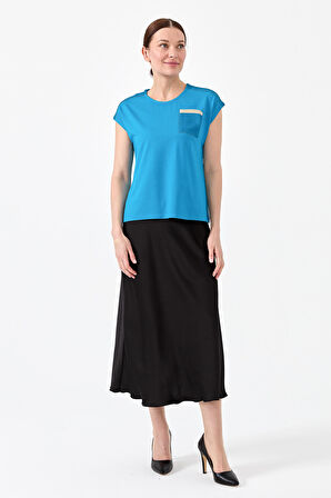 Kadın Sıfır Yaka Düşük Kol Simli Penye T-shirt Turkuaz