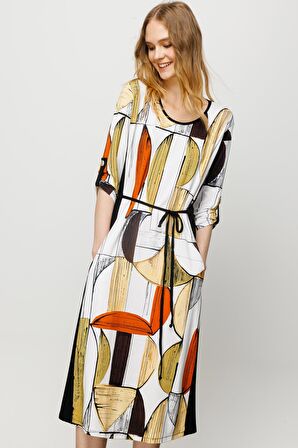 Kadın Sıfır Yaka Çizgili Renkli Desenli Penye Elbise Siyah