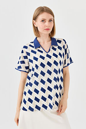 Kadın Polo Yaka Kare Desenli T-shirt Lacivert