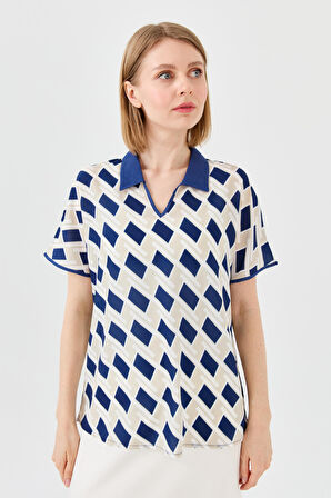 Kadın Polo Yaka Kare Desenli T-shirt Lacivert