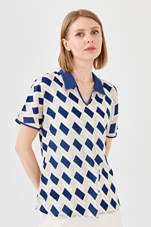 Kadın Polo Yaka Kare Desenli T-shirt Lacivert