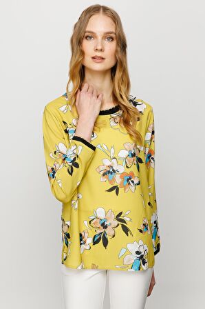 Kadın Sıfır Yaka Renkli Desenli Penye Bluz Sarı