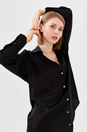 Kadın Saten Patlı Gömlek Siyah