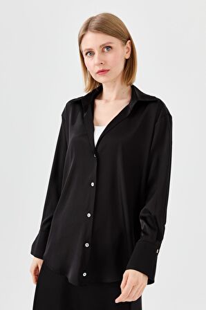 Kadın Saten Patlı Gömlek Siyah