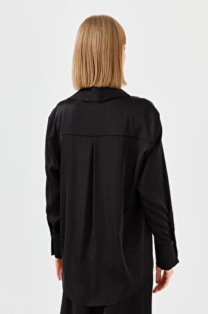 Kadın Saten Patlı Gömlek Siyah