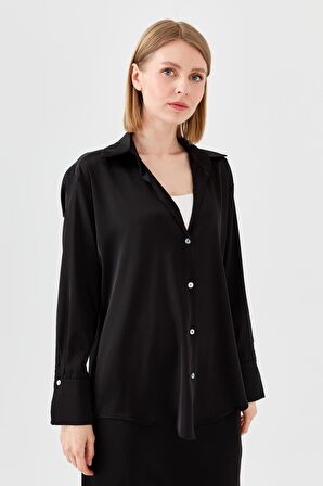 Kadın Saten Patlı Gömlek Siyah