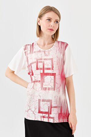 Kadın Sıfır Yaka Taşlı Penye T-shirt Kemik