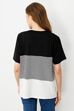 Kadın Sıfır Yaka Önü Palmiye Taşlı Penye T-shirt Siyah