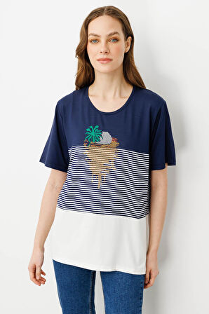 Kadın Sıfır Yaka Önü Palmiye Taşlı Penye T-shirt Lacivert
