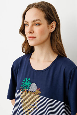 Kadın Sıfır Yaka Önü Palmiye Taşlı Penye T-shirt Lacivert