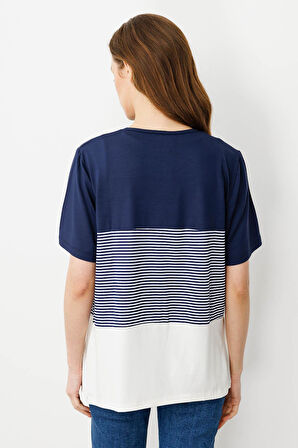 Kadın Sıfır Yaka Önü Palmiye Taşlı Penye T-shirt Lacivert