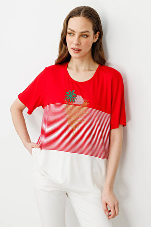 Kadın Sıfır Yaka Önü Palmiye Taşlı Penye T-shirt Kırmızı