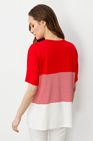 Kadın Sıfır Yaka Önü Palmiye Taşlı Penye T-shirt Kırmızı