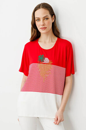 Kadın Sıfır Yaka Önü Palmiye Taşlı Penye T-shirt Kırmızı