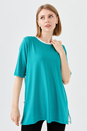 Kadın Sıfır Yaka Penye T-shirt Yeşil