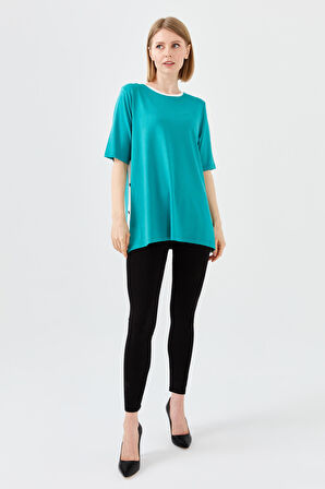 Kadın Sıfır Yaka Penye T-shirt Yeşil