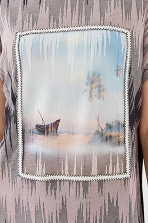 Kadın Sıfır Yaka Desenli Penye T-shirt Siyah