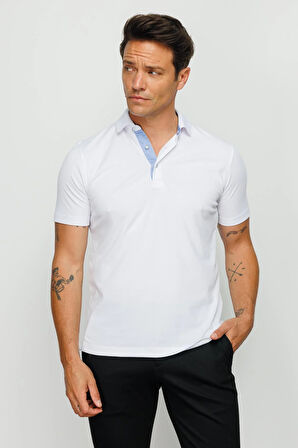 Erkek Polo Yaka Düğmeli Cepli T-shirt Beyaz