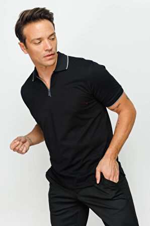 Erkek Fermuarlı Polo Yaka T-shirt Siyah
