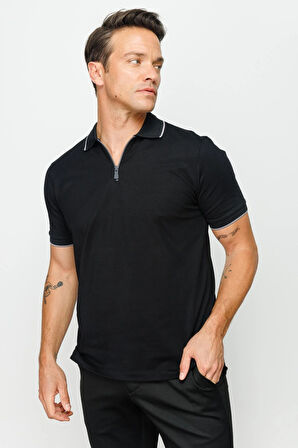 Erkek Fermuarlı Polo Yaka T-shirt Siyah