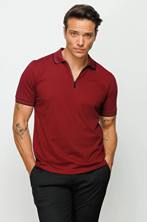 Erkek Fermuarlı Polo Yaka T-shirt Bordo
