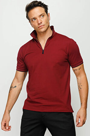 Erkek Fermuarlı Polo Yaka T-shirt Bordo