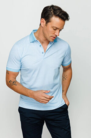 Erkek Polo Yaka Keten Baskılı T-shirt Turkuaz