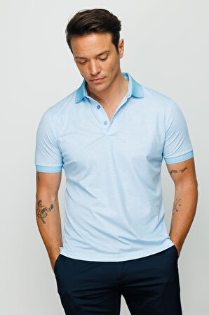 Erkek Polo Yaka Keten Baskılı T-shirt Turkuaz