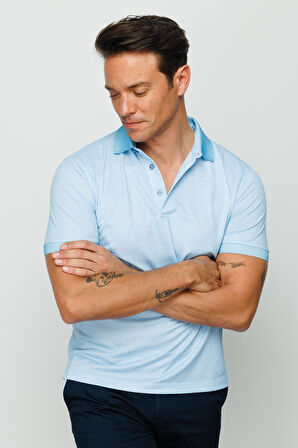 Erkek Polo Yaka Keten Baskılı T-shirt Turkuaz