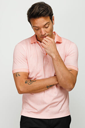 Erkek Polo Yaka Keten Baskılı T-shirt Somon