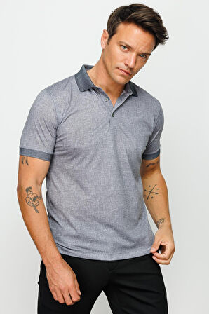 Erkek Polo Yaka Keten Baskılı T-shirt Siyah