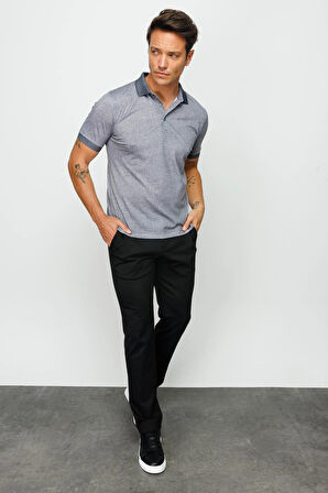 Erkek Polo Yaka Keten Baskılı T-shirt Siyah